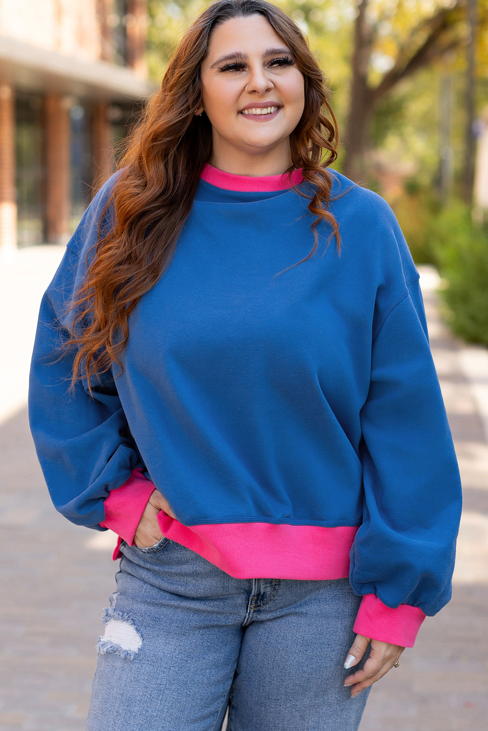 Plus Size Sky Blue Color Block Edge Balloon Sleeve  Sweatshirt