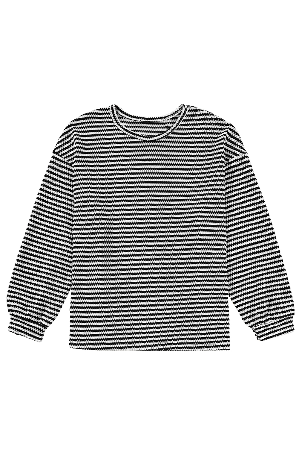 Plus Size Black Stripe Drop Shoulder Puff Long Sleeve O Neck  T Shirt