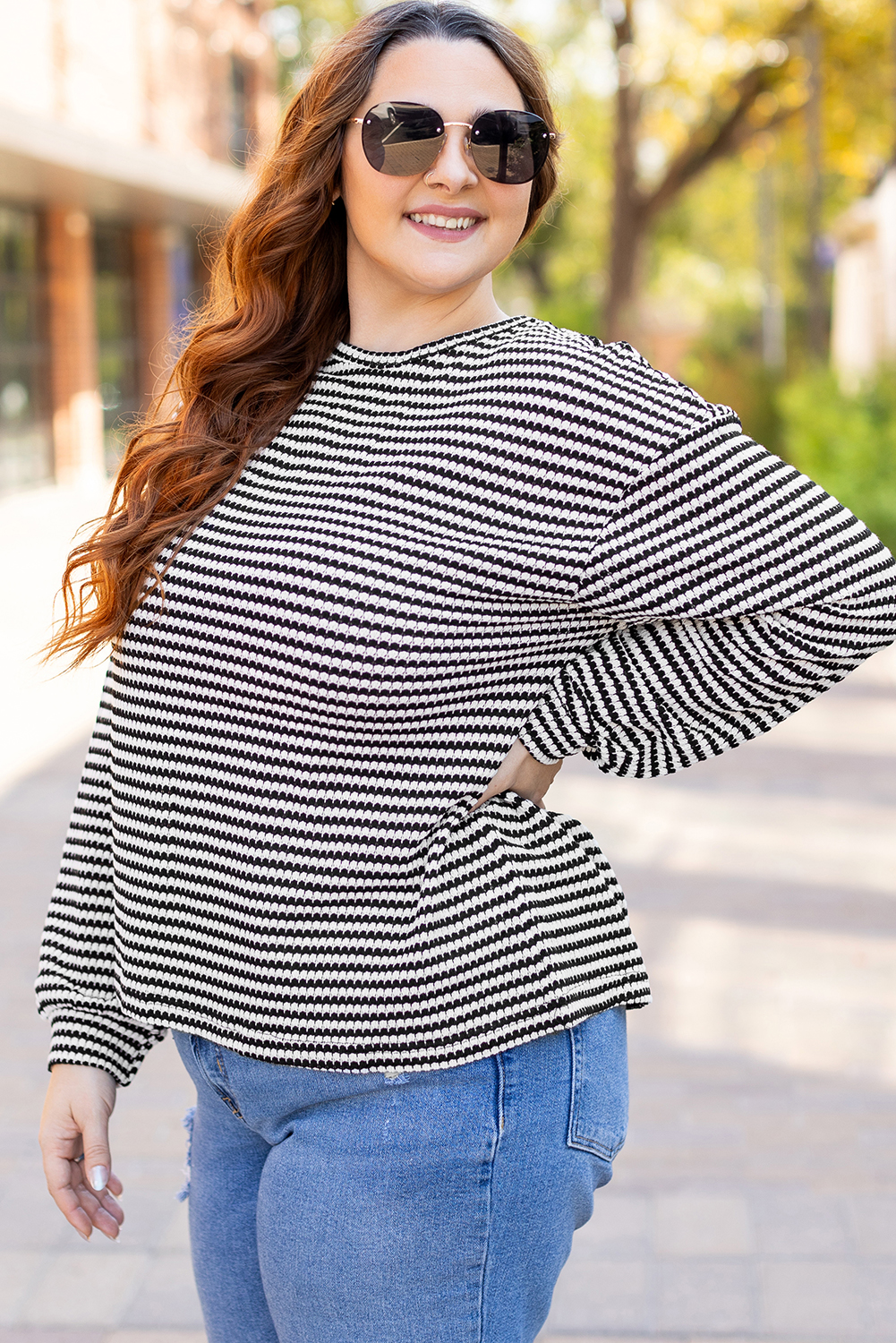 Plus Size Black Stripe Drop Shoulder Puff Long Sleeve O Neck  T Shirt