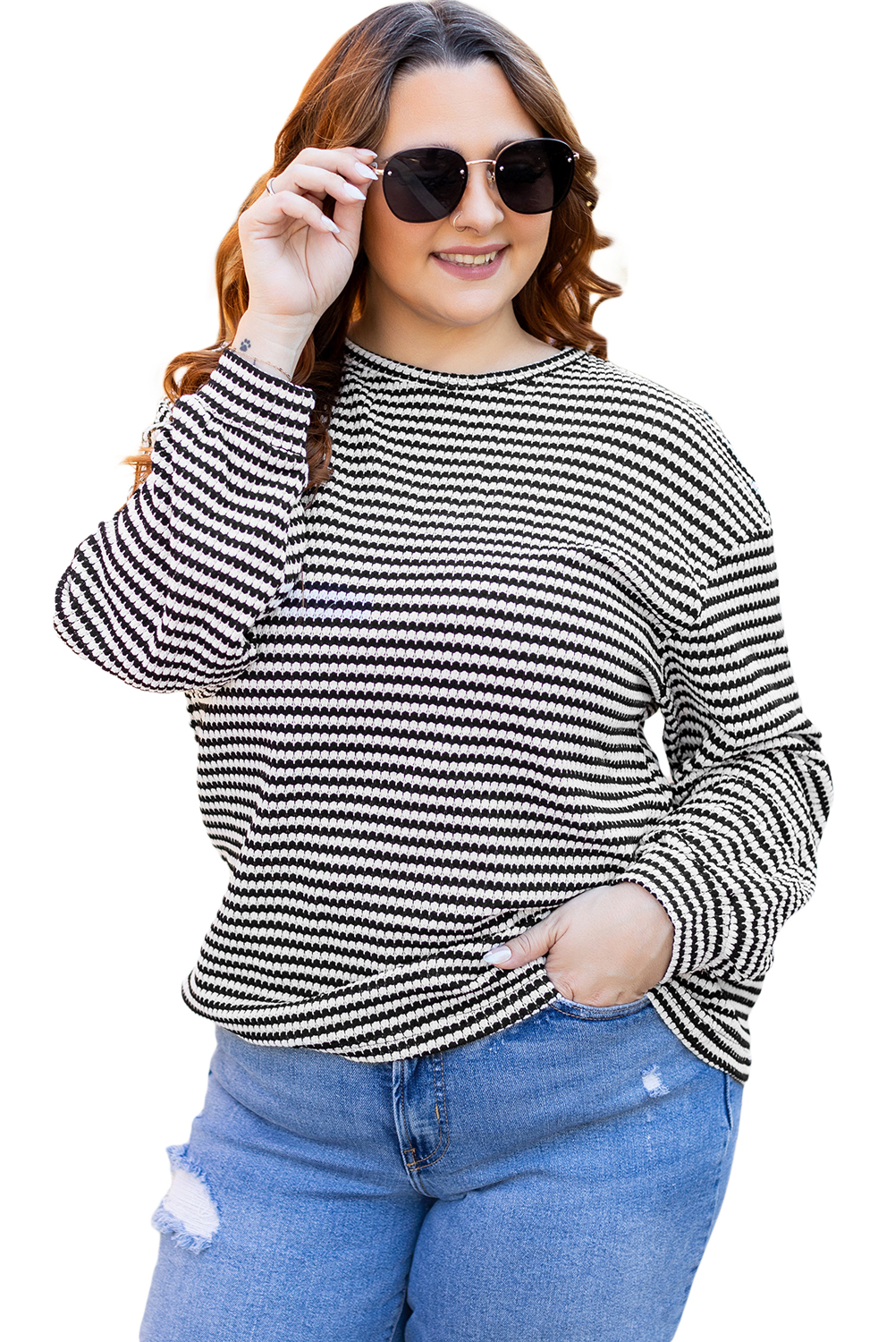 Plus Size Black Stripe Drop Shoulder Puff Long Sleeve O Neck  T Shirt