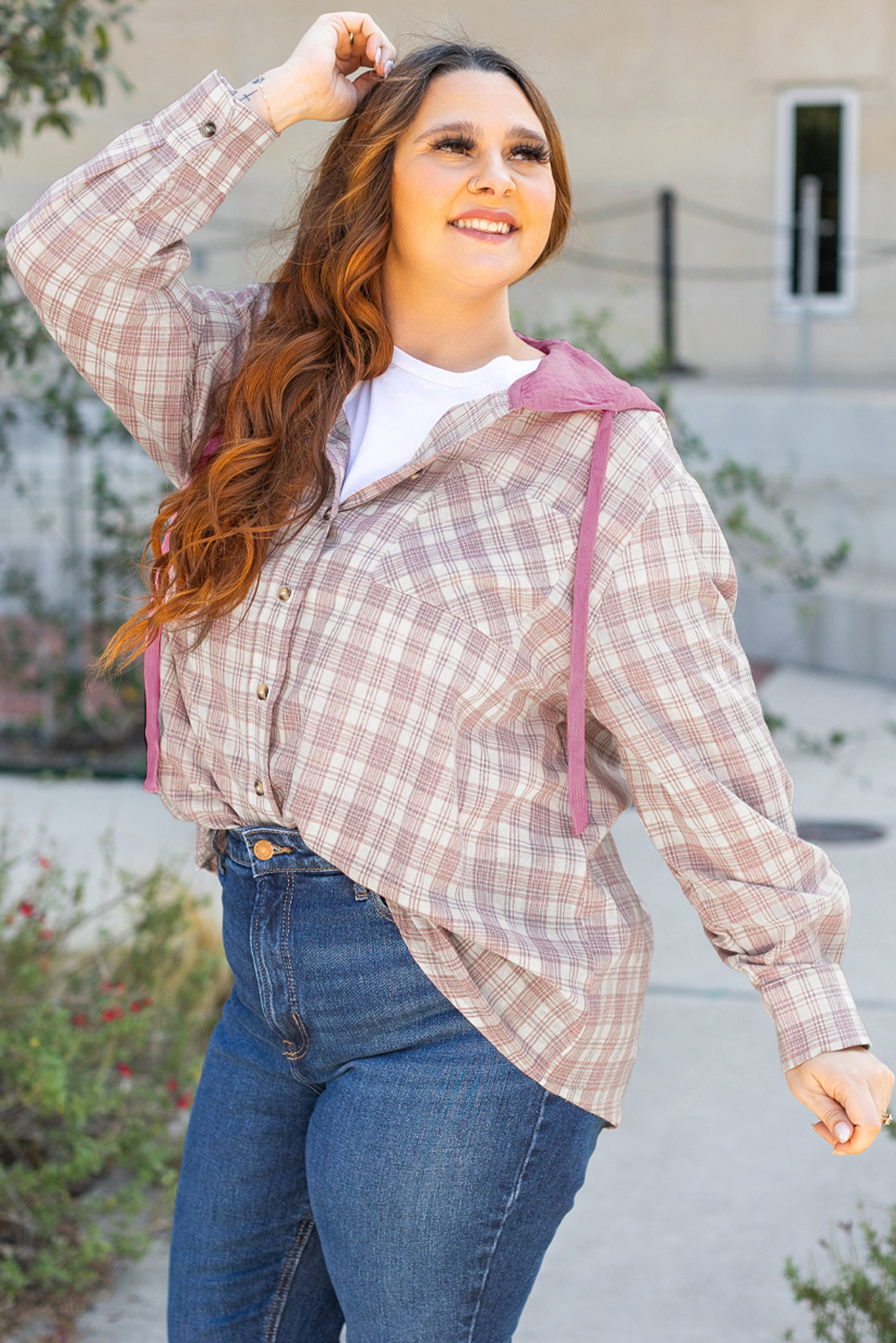 Plus Size Bonbon Plaid Print Drawstring Hooded Button-up  Shirt