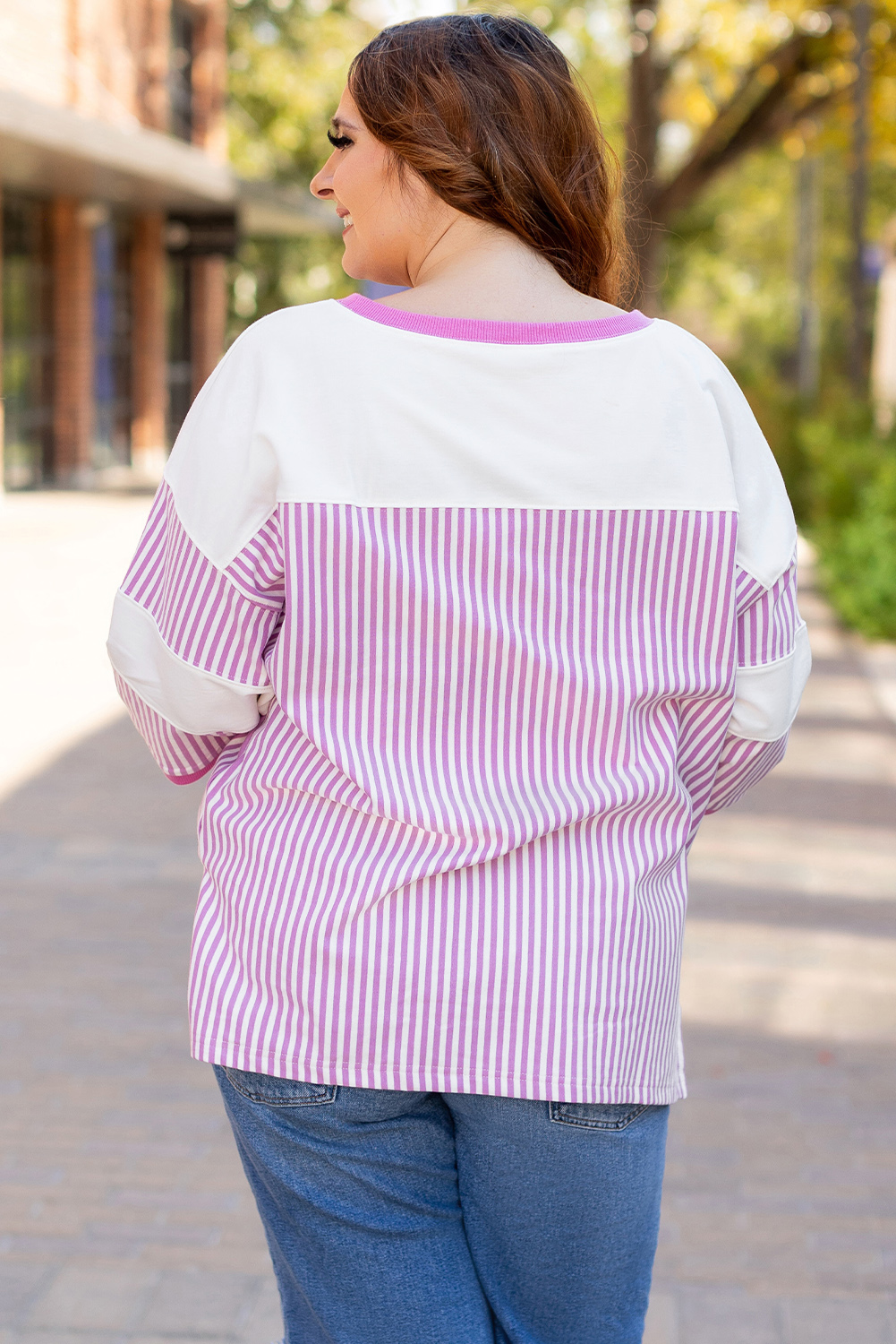Plus Size Pink Stripe Patchwork Bracelet Sleeve  T Shirt