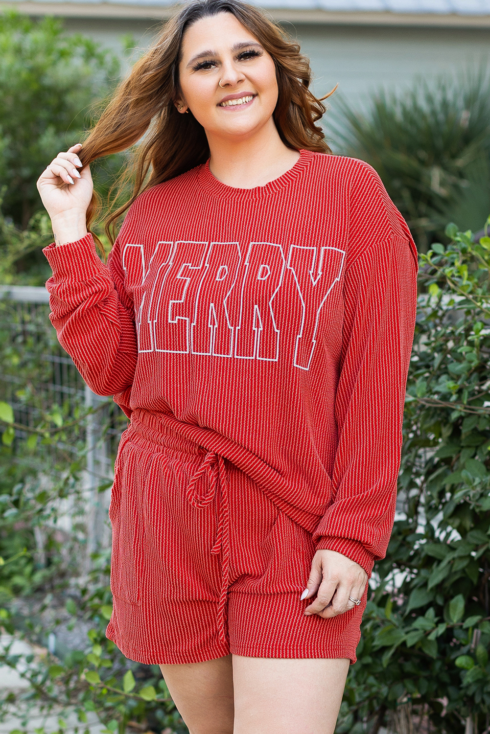 Plus Size Racing Red MERRY Ribbed Knit Long Sleeve Lace-up Waist  Set