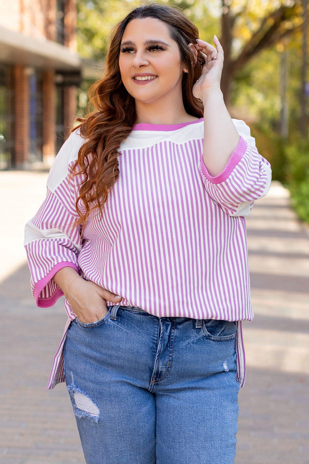 Plus Size Pink Stripe Patchwork Bracelet Sleeve  T Shirt