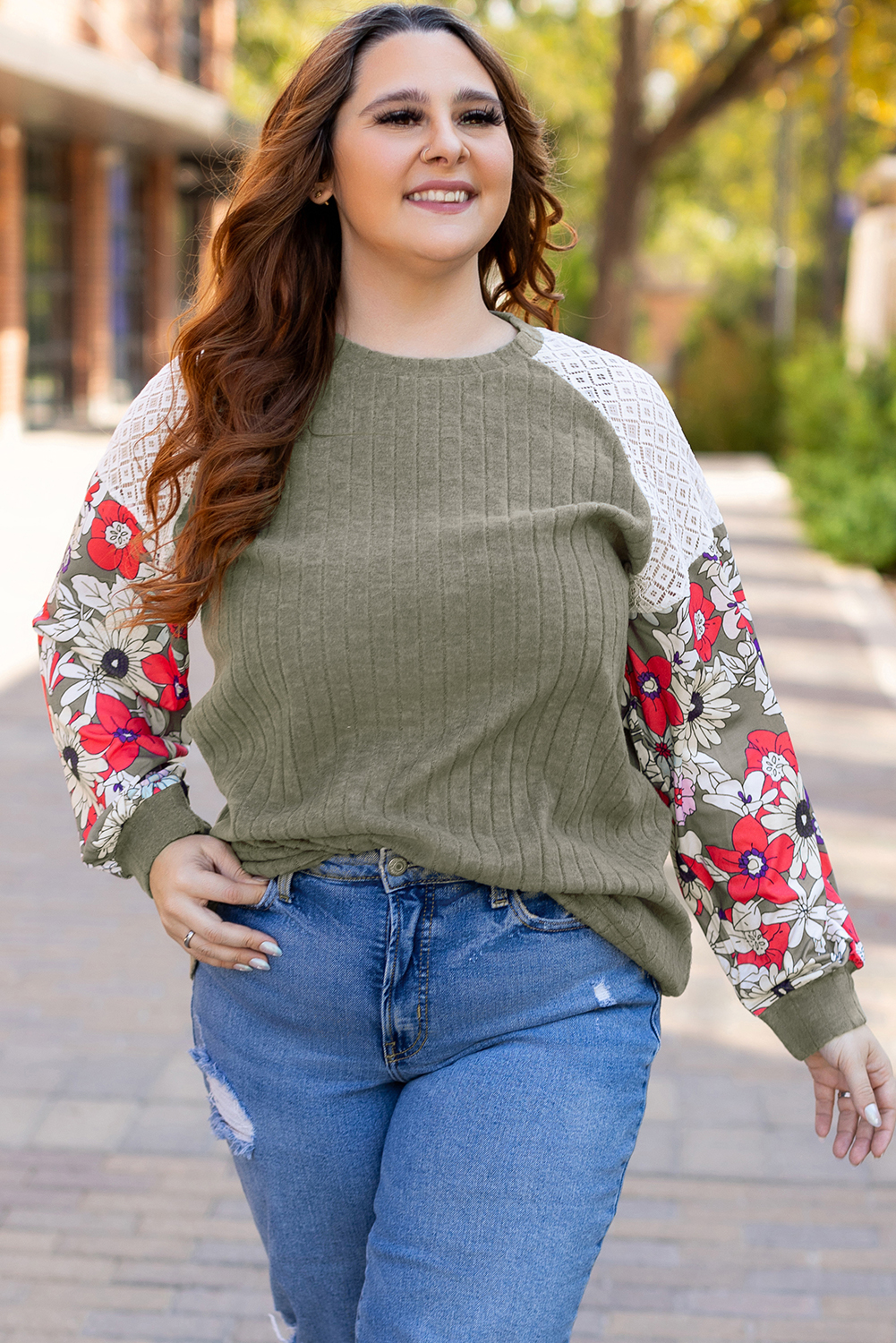 Plus Size Vineyard Green  Textured Floral Patchwork Raglan Sleeve Blouse