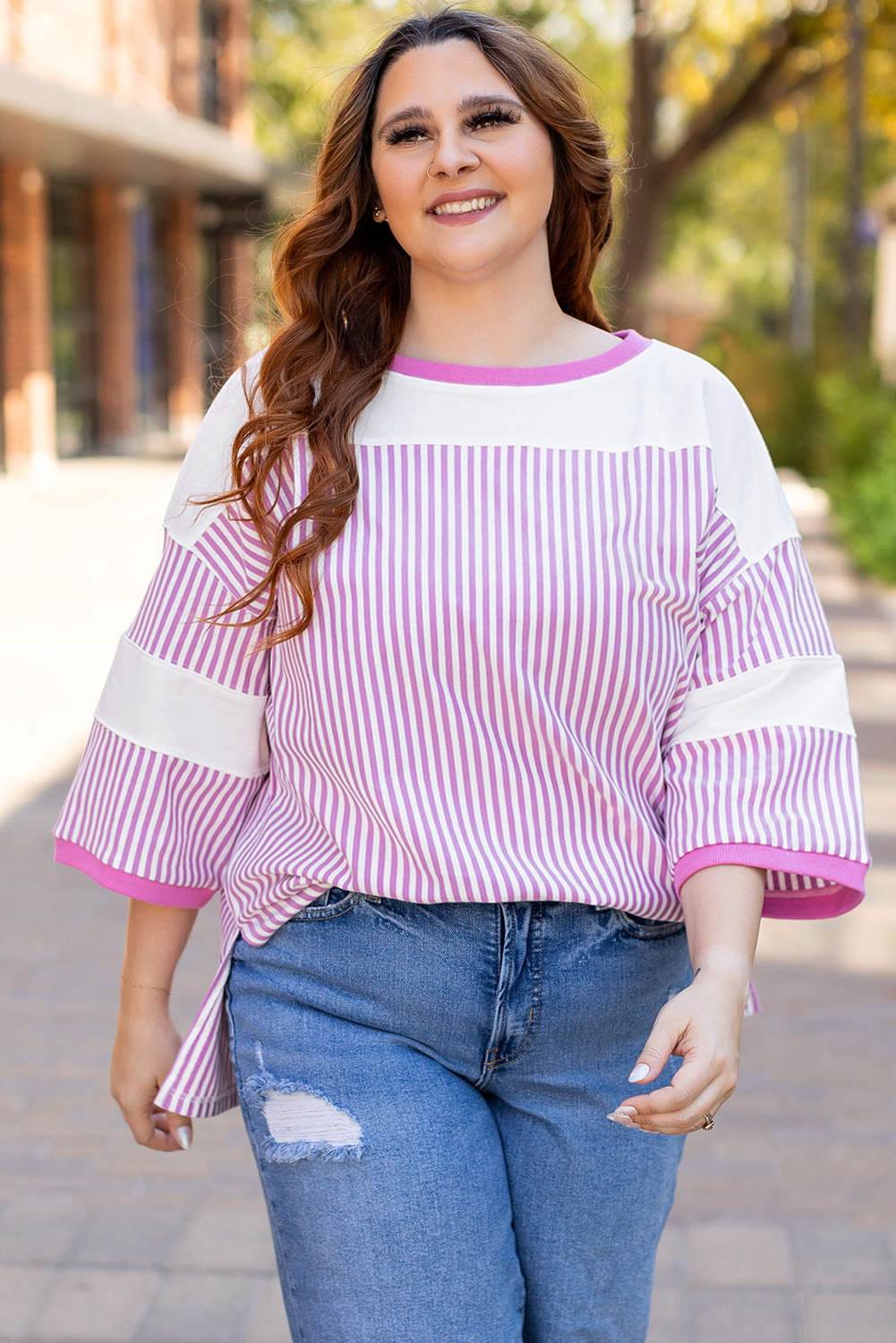 Plus Size Pink Stripe Patchwork Bracelet Sleeve  T Shirt