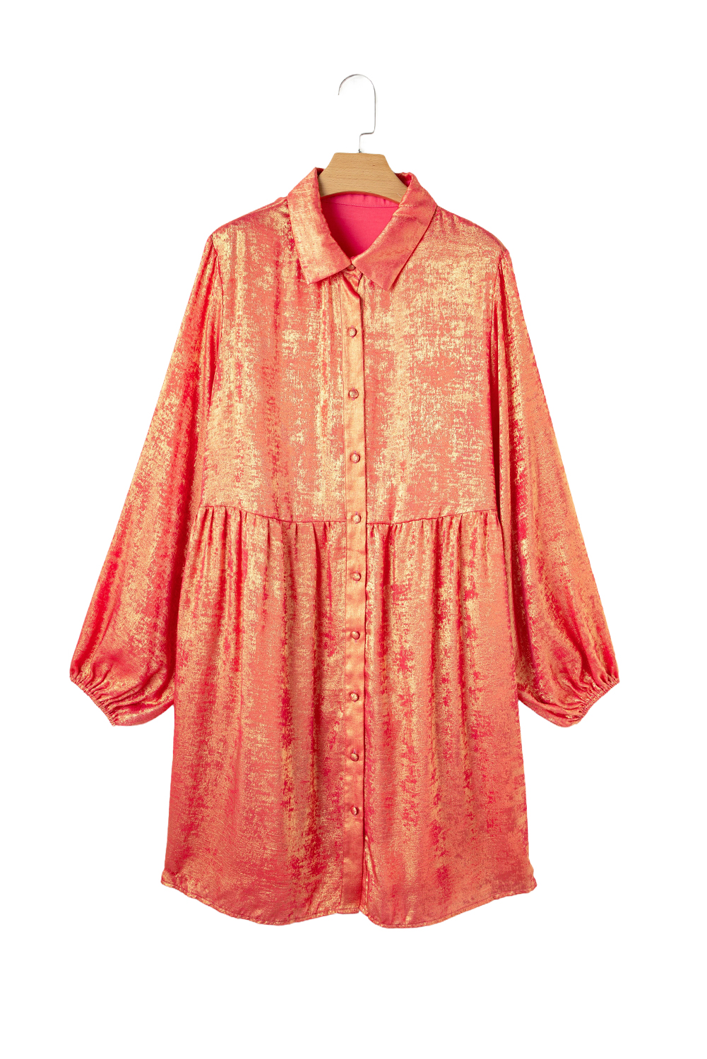 Plus Size Peach Blossom Metallic Balloon Sleeve Shirt  Mini Dress