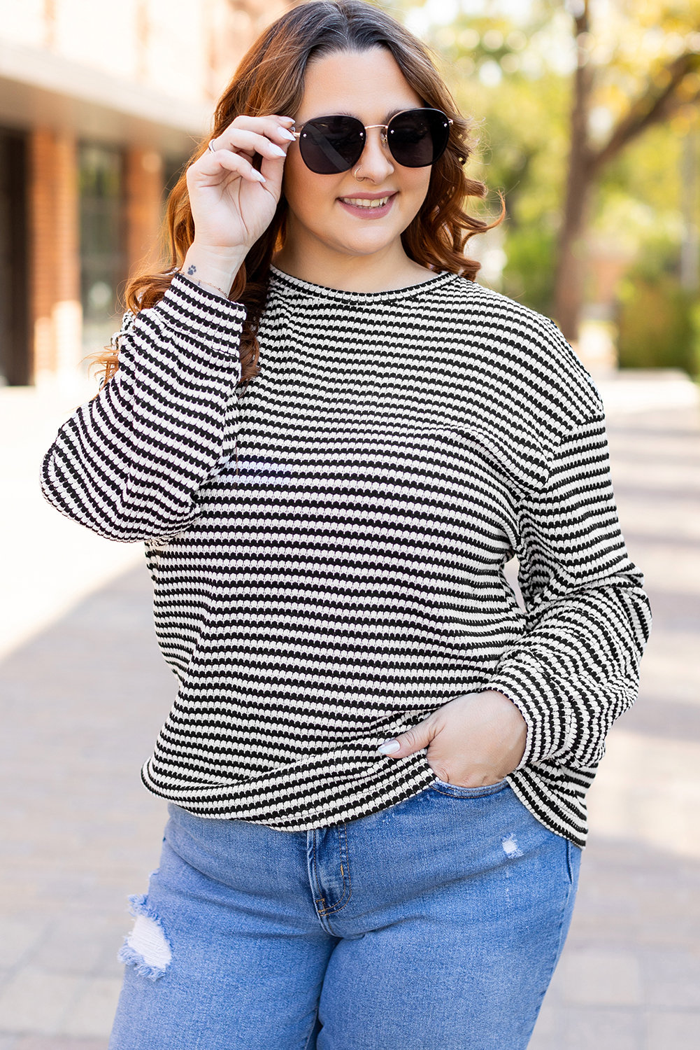 Plus Size Black Stripe Drop Shoulder Puff Long Sleeve O Neck  T Shirt