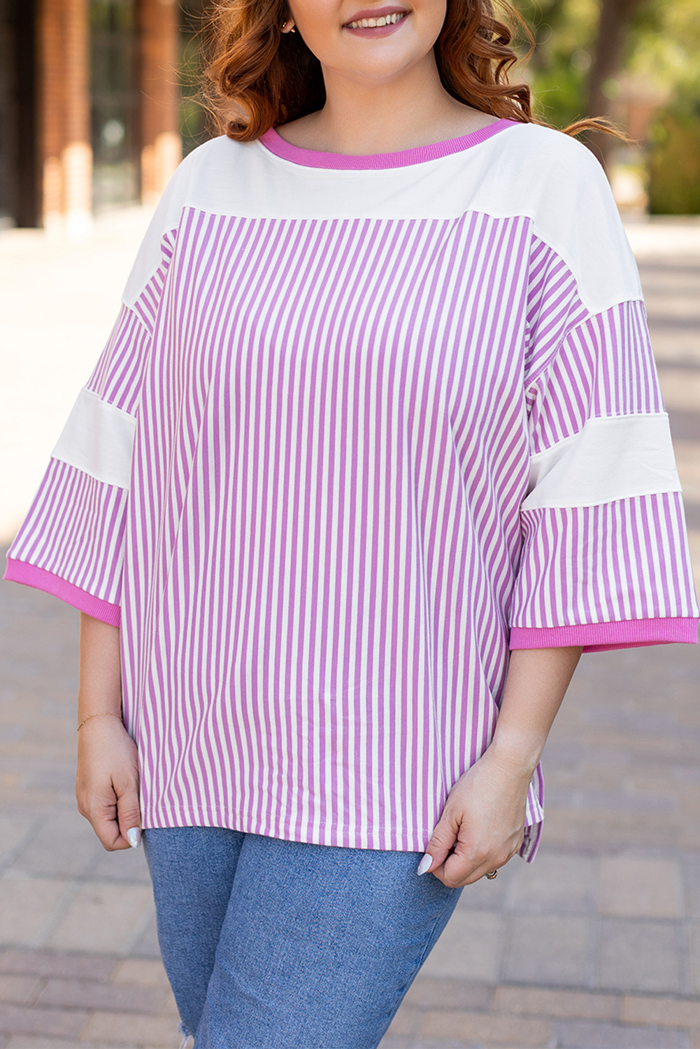 Plus Size Pink Stripe Patchwork Bracelet Sleeve  T Shirt
