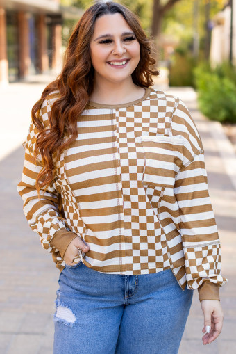 Plus Size Khaki Striped Checkered Mixed Print Chest Pocket Casual  Top