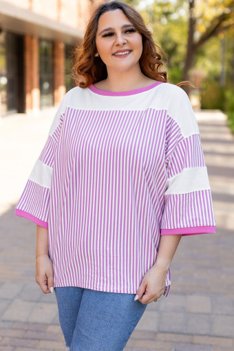 Plus Size Pink Stripe Patchwork Bracelet Sleeve  T Shirt