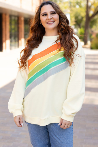 Plus Size white Rainbow Raglan Sleeve Crew Neck  Sweatshirt