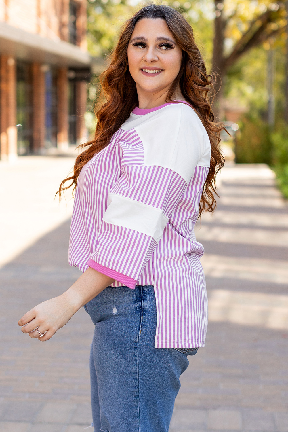 Plus Size Pink Stripe Patchwork Bracelet Sleeve  T Shirt