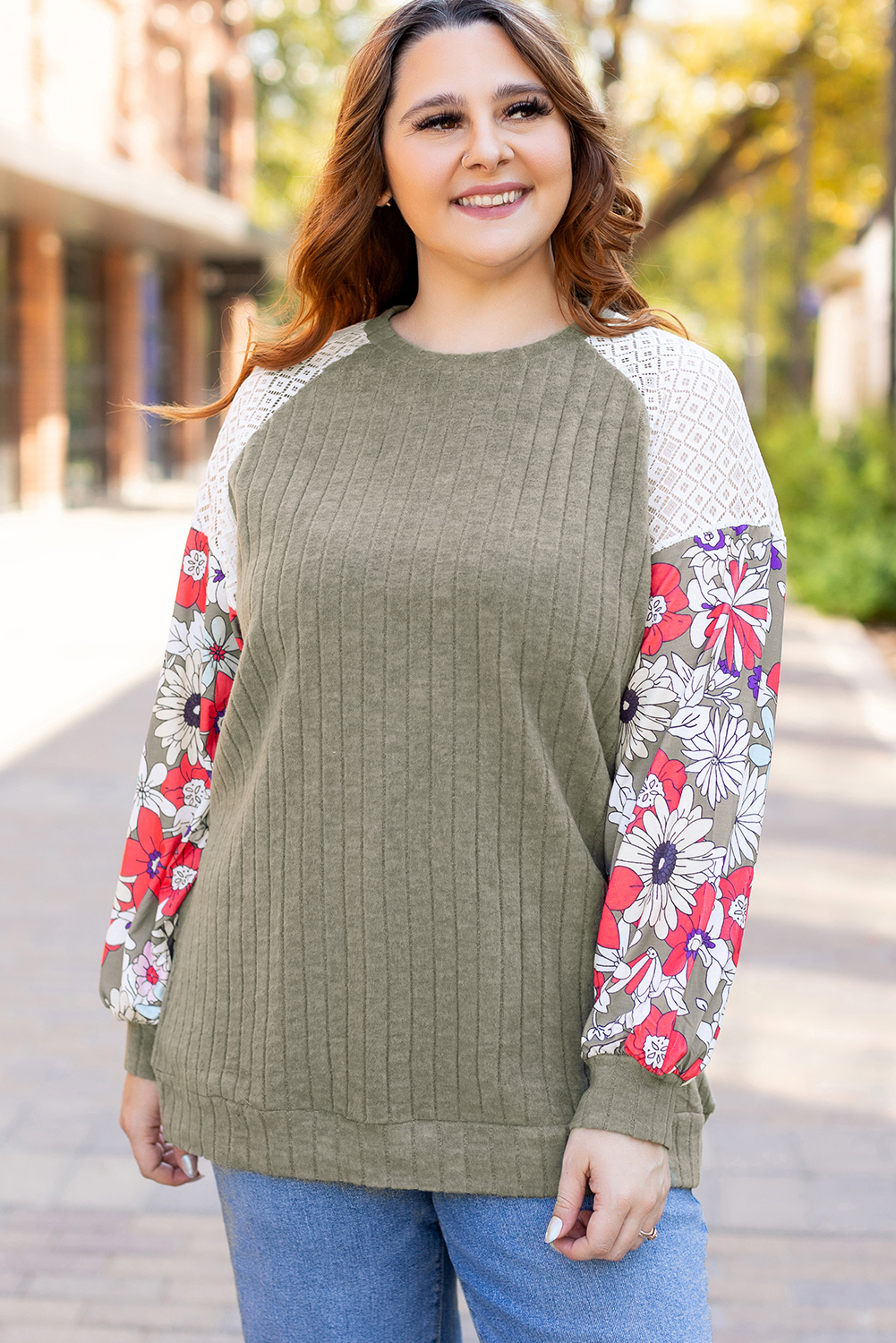 Plus Size Vineyard Green  Textured Floral Patchwork Raglan Sleeve Blouse