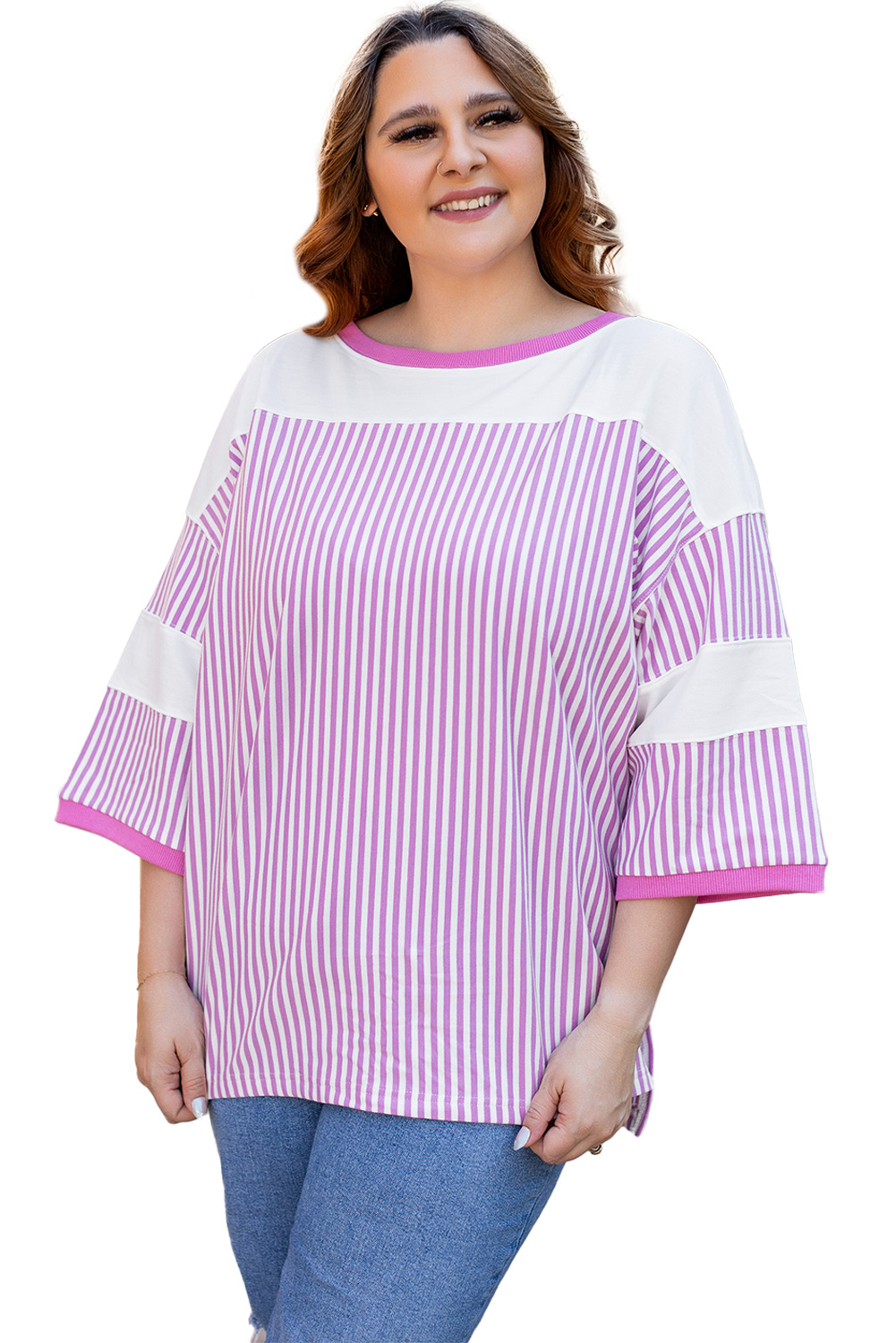 Plus Size Pink Stripe Patchwork Bracelet Sleeve  T Shirt