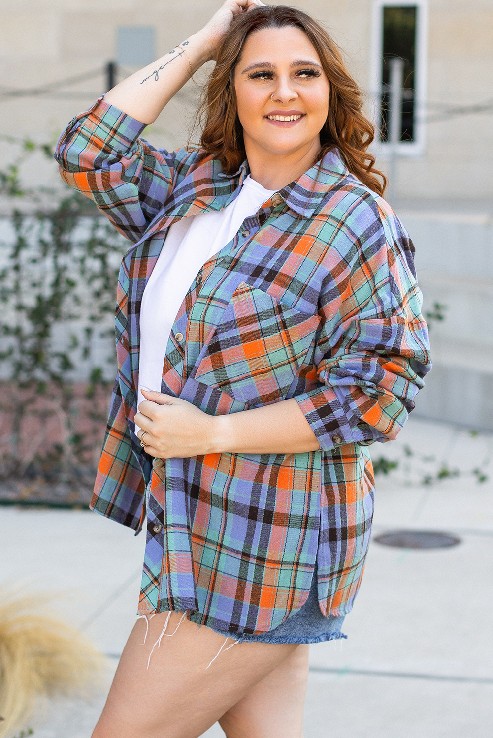 Plus Size Orange  Plaid Print Buttoned Shirt