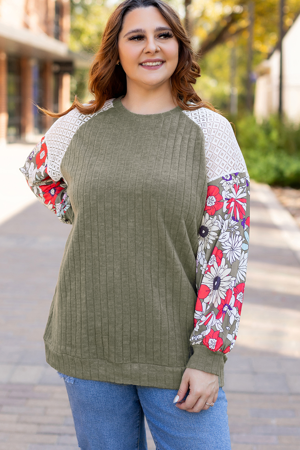 Plus Size Vineyard Green  Textured Floral Patchwork Raglan Sleeve Blouse