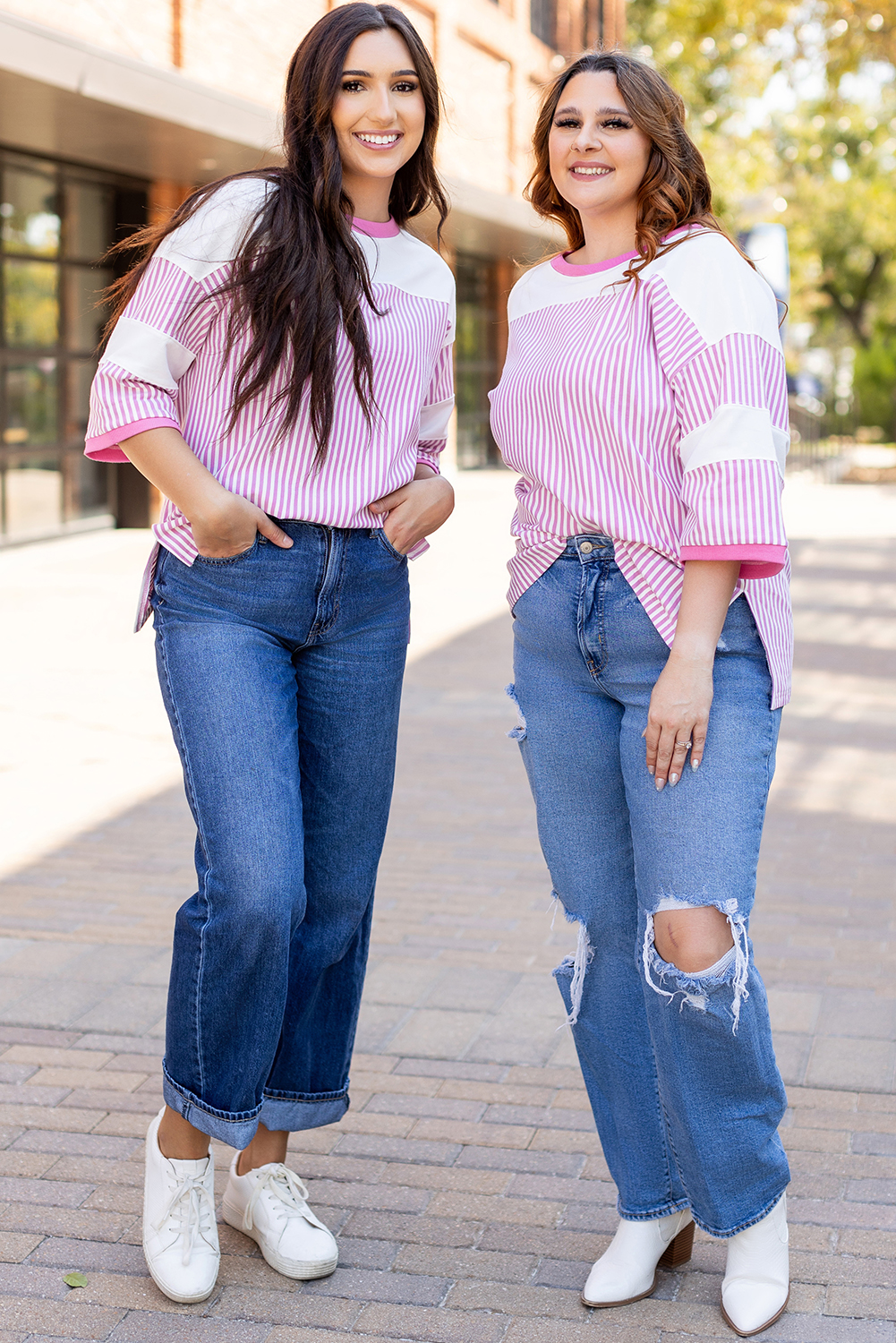Plus Size Pink Stripe Patchwork Bracelet Sleeve  T Shirt