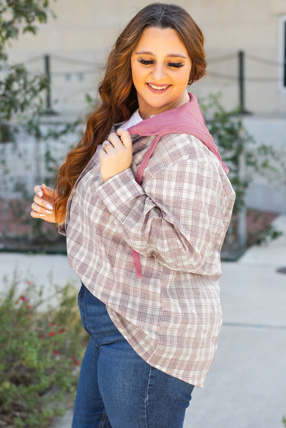 Plus Size Bonbon Plaid Print Drawstring Hooded Button-up  Shirt