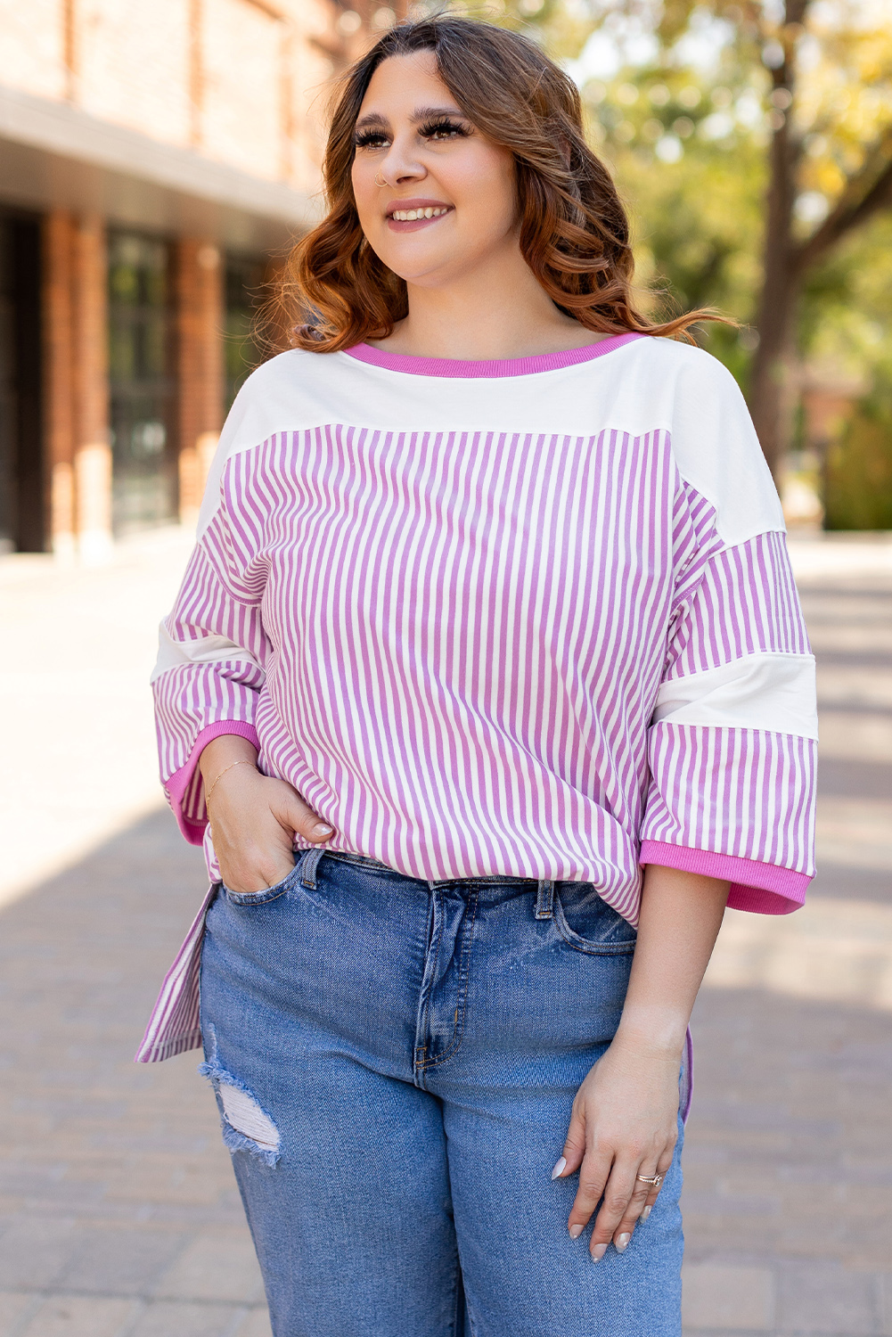 Plus Size Pink Stripe Patchwork Bracelet Sleeve  T Shirt