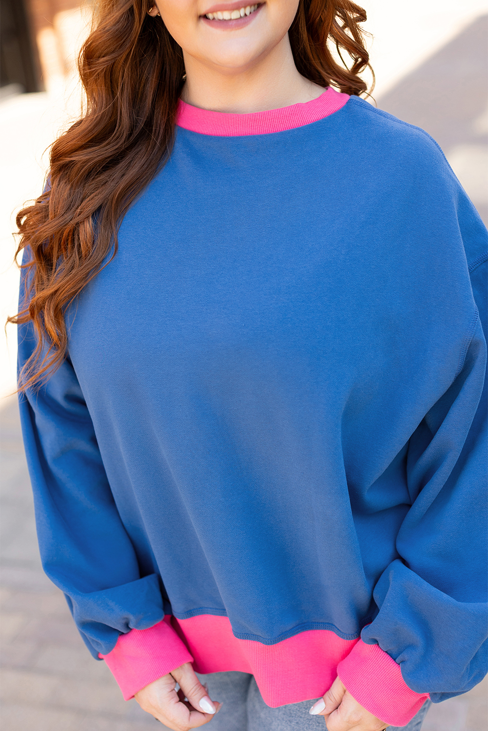 Plus Size Sky Blue Color Block Edge Balloon Sleeve  Sweatshirt