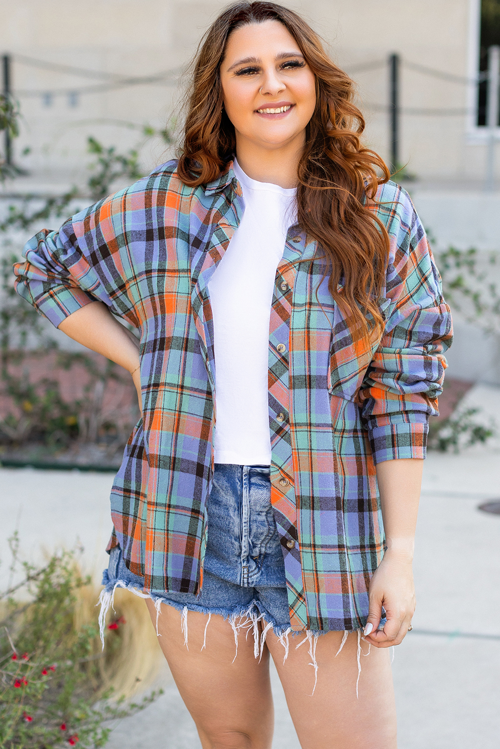 Plus Size Orange  Plaid Print Buttoned Shirt