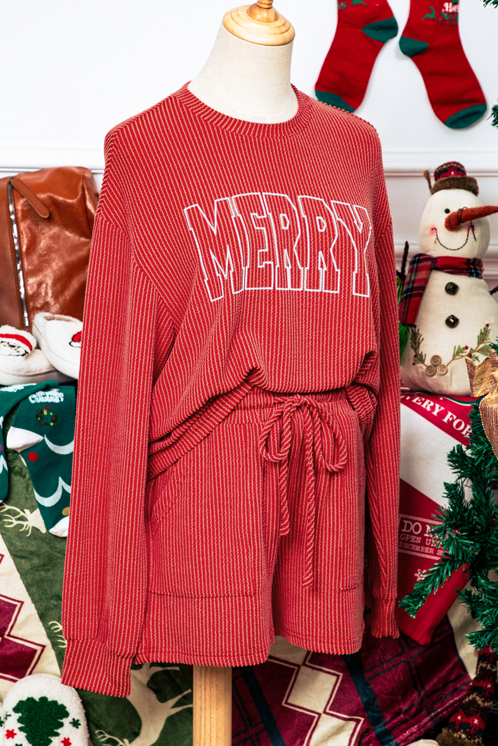 Plus Size Racing Red MERRY Ribbed Knit Long Sleeve Lace-up Waist  Set