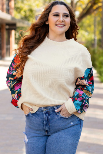 Plus Size White Floral Patchwork Sleeve Textured  Pullover Top