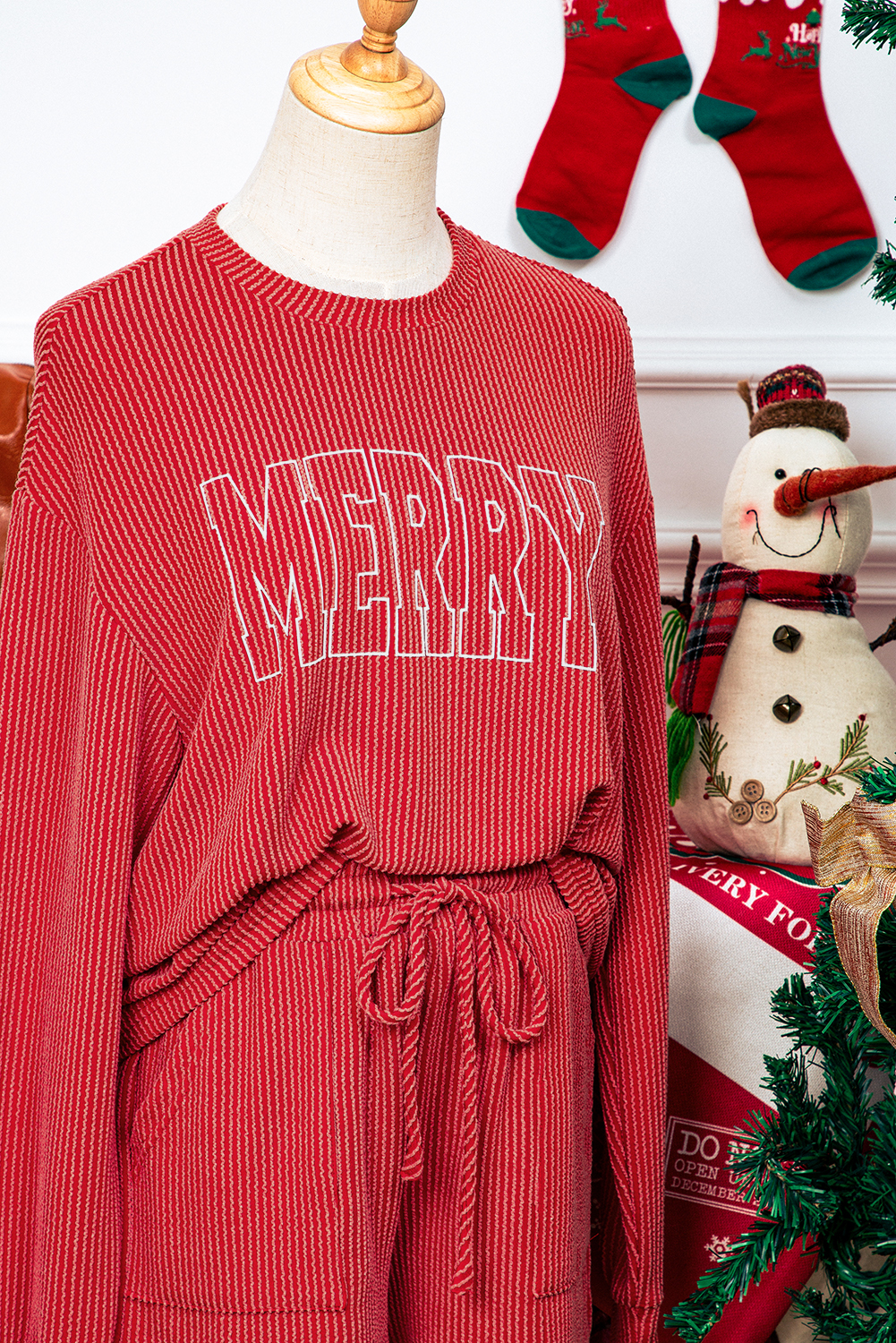 Plus Size Racing Red MERRY Ribbed Knit Long Sleeve Lace-up Waist  Set