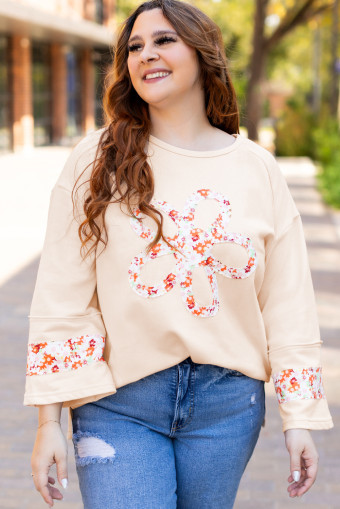 Plus Size Beige  Flower Patched Side Slits Crewneck Top
