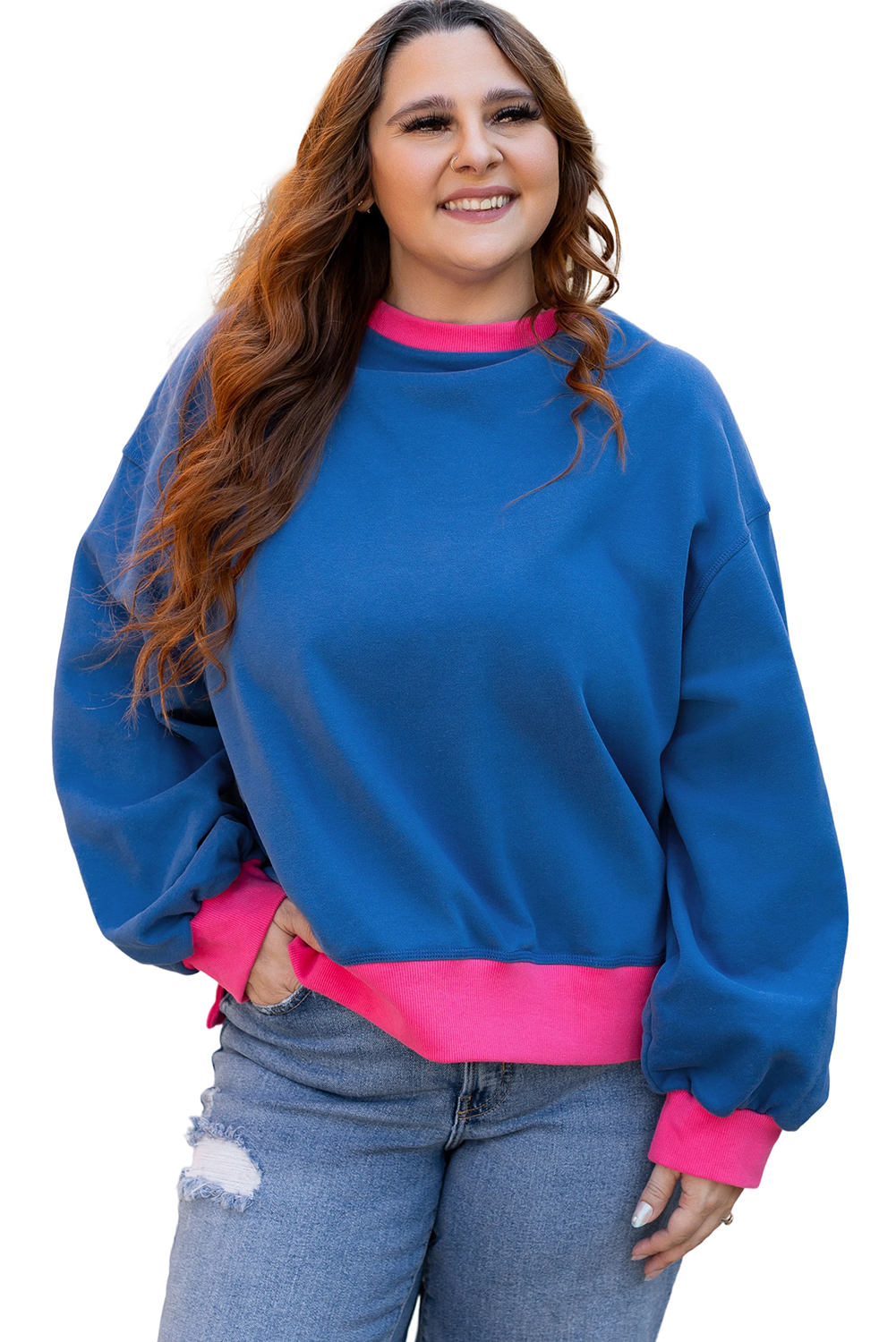 Plus Size Sky Blue Color Block Edge Balloon Sleeve  Sweatshirt