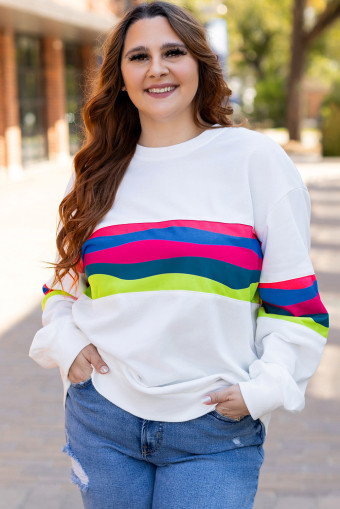 Plus Size White  Colorful Striped Drop Shoulder Loose Sweatshirt