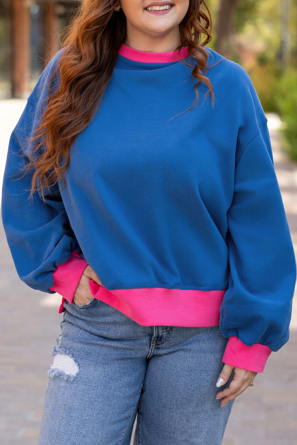 Plus Size Sky Blue Color Block Edge Balloon Sleeve  Sweatshirt
