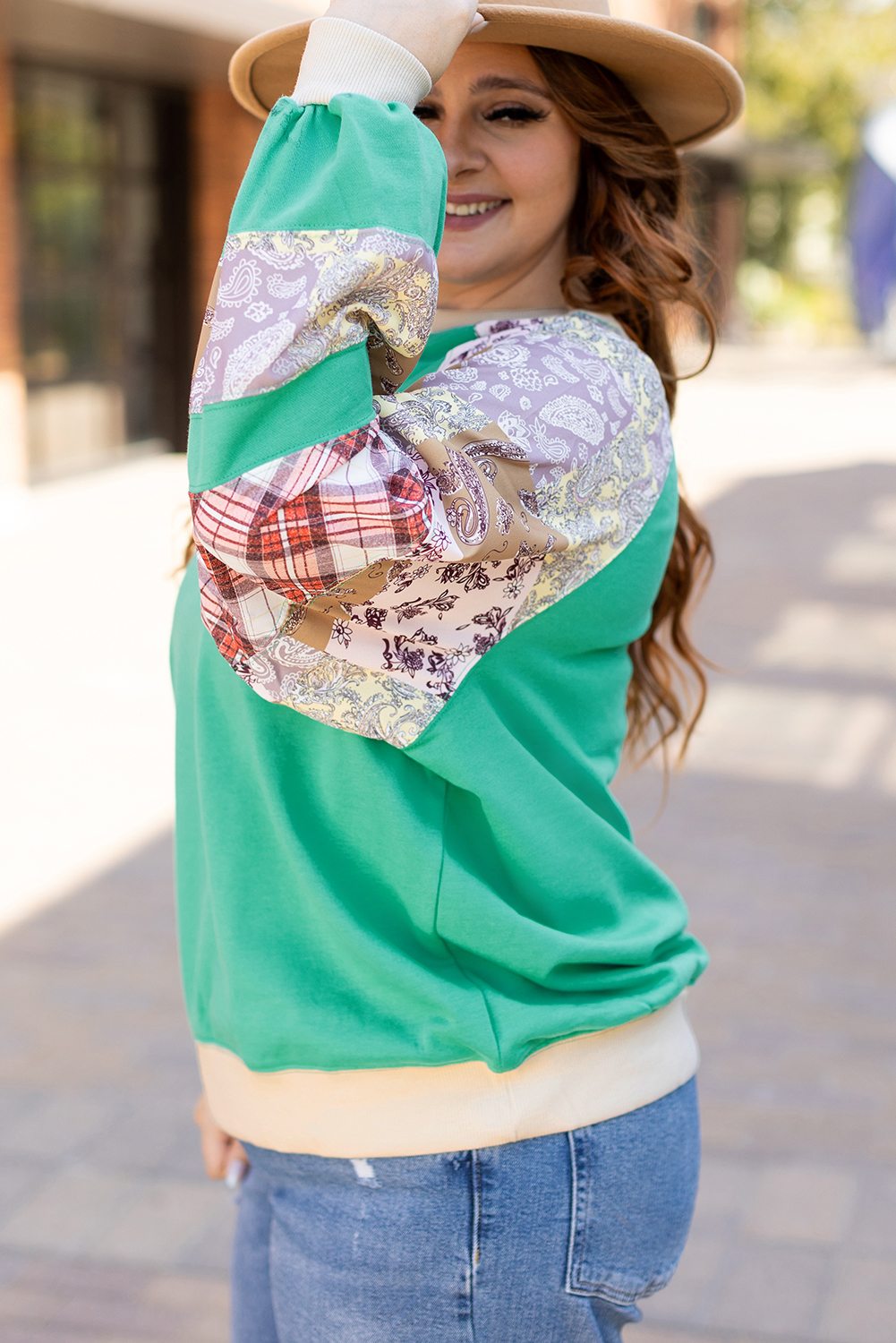Plus Size Sky Blue  Plaid Floral Patchwork Raglan Sleeve Sweatshirt