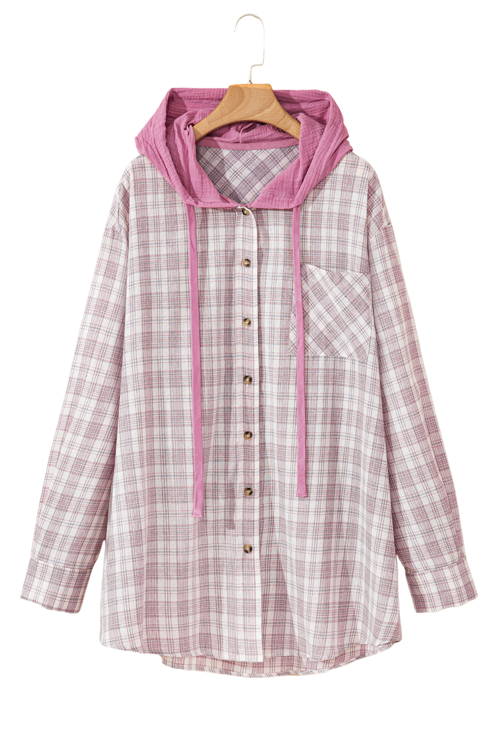 Plus Size Bonbon Plaid Print Drawstring Hooded Button-up  Shirt