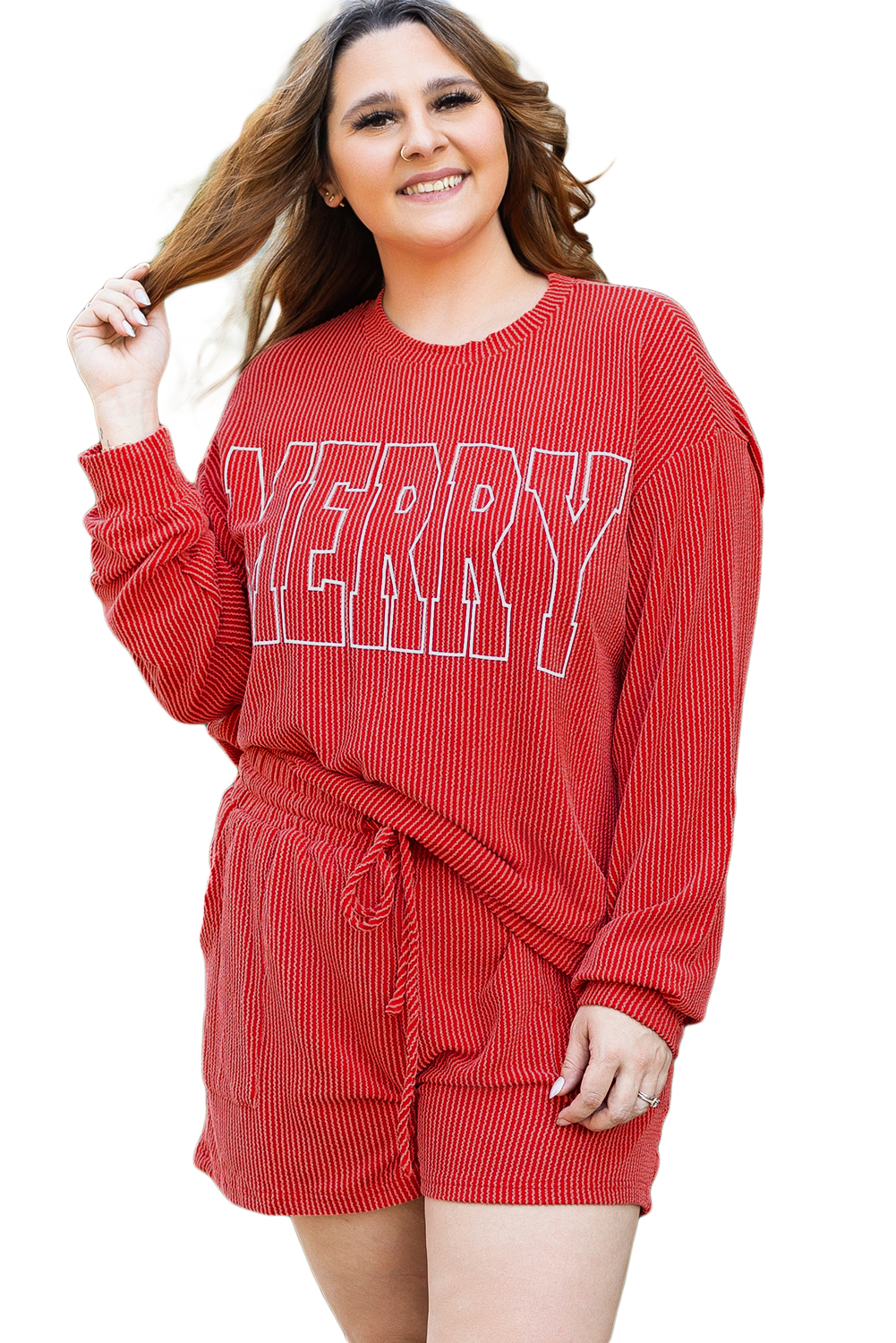 Plus Size Racing Red MERRY Ribbed Knit Long Sleeve Lace-up Waist  Set