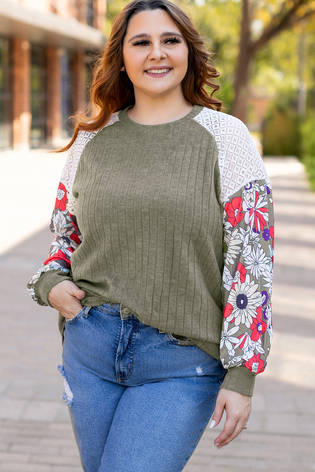 Plus Size Vineyard Green  Textured Floral Patchwork Raglan Sleeve Blouse