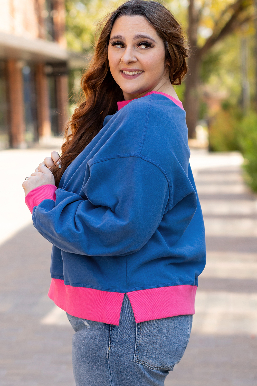 Plus Size Sky Blue Color Block Edge Balloon Sleeve  Sweatshirt