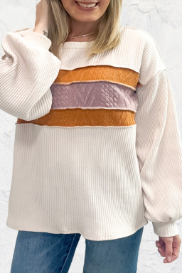 White Corded Exposed Seam Knit Patchwork Drop Sleeve Top