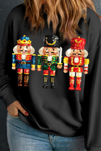 Plus Size Black  Sequin Nutcracker Round Neck Sweatshirt