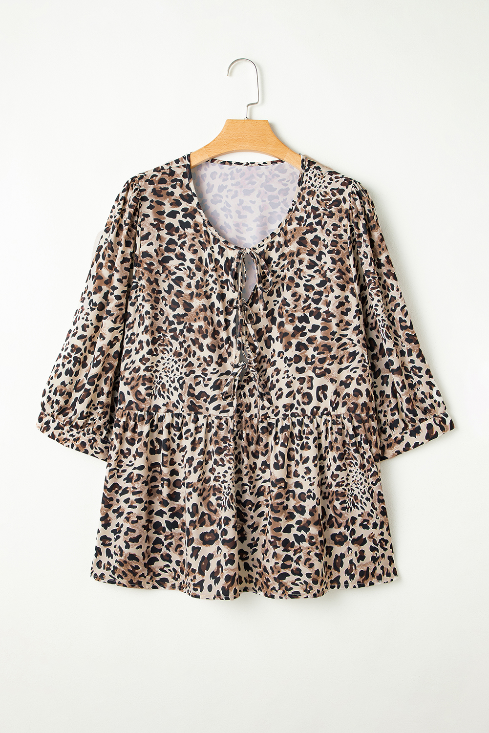 Plus Size Khaki Leopard Print Lace-up Ruffled 3/4 Sleeve  Blouse