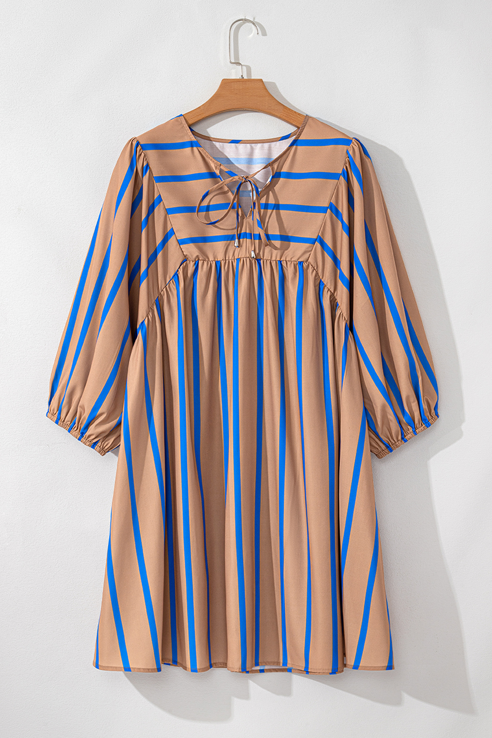 Plus Size Khaki Stripe Contrast Striped Print 3/4 Sleeve Babydoll  Dress