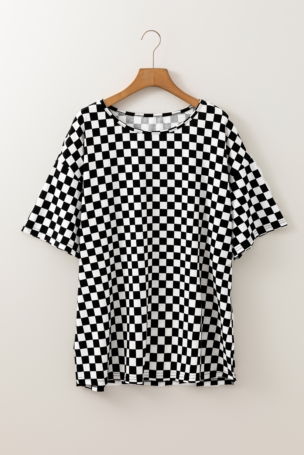 Plus Size Black Checkered Print Side Slits O Neck  T Shirt