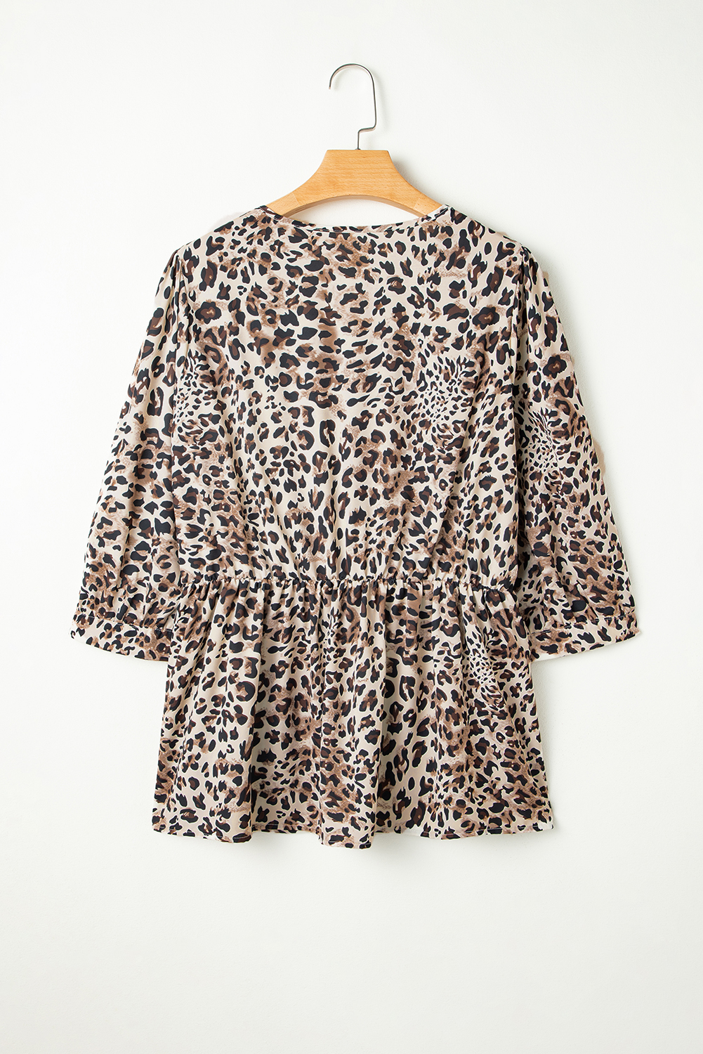 Plus Size Khaki Leopard Print Lace-up Ruffled 3/4 Sleeve  Blouse