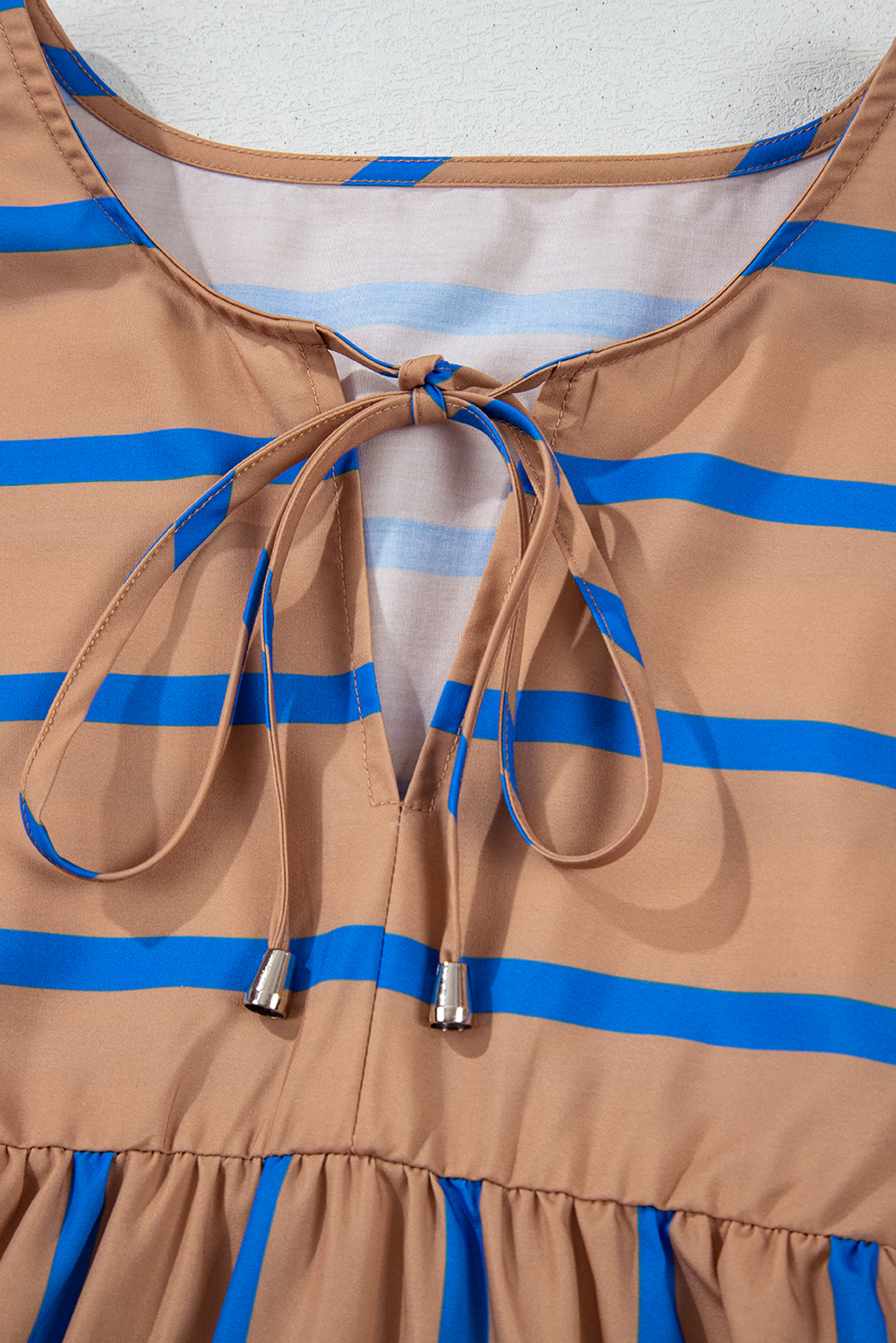 Plus Size Khaki Stripe Contrast Striped Print 3/4 Sleeve Babydoll  Dress