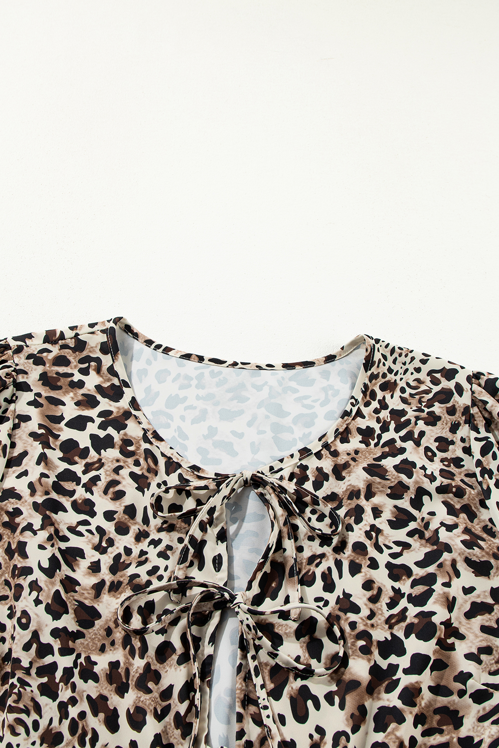 Plus Size Khaki Leopard Print Lace-up Ruffled 3/4 Sleeve  Blouse