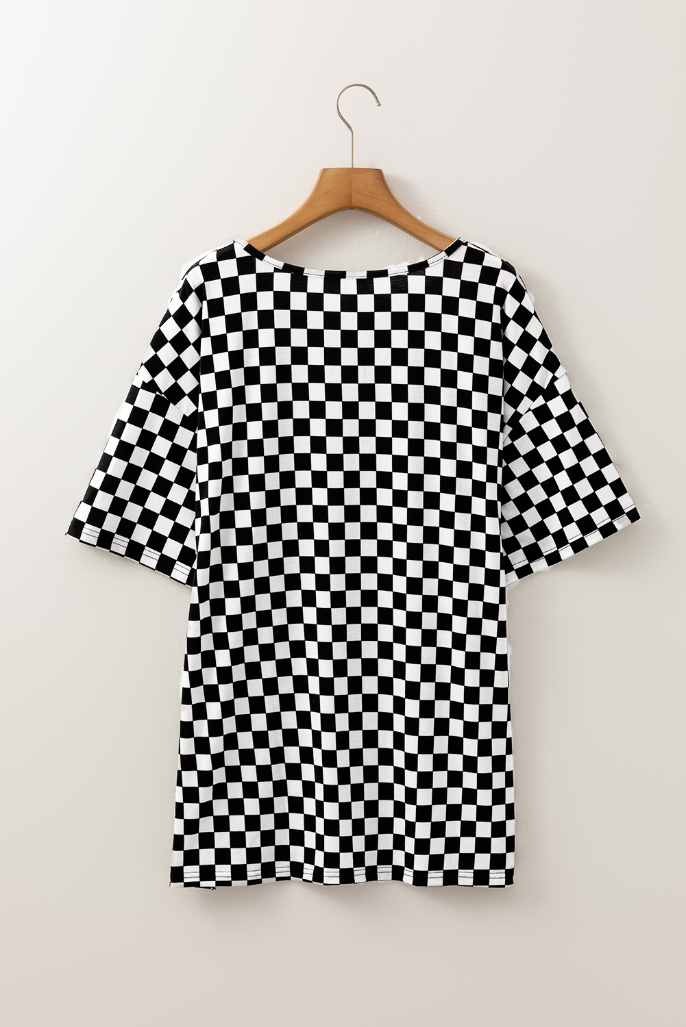 Plus Size Black Checkered Print Side Slits O Neck  T Shirt