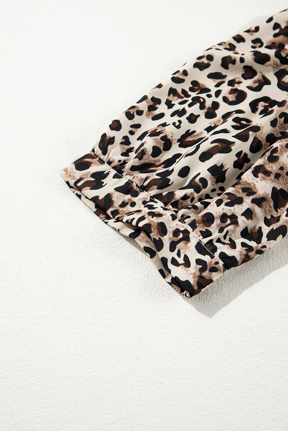 Plus Size Khaki Leopard Print Lace-up Ruffled 3/4 Sleeve  Blouse