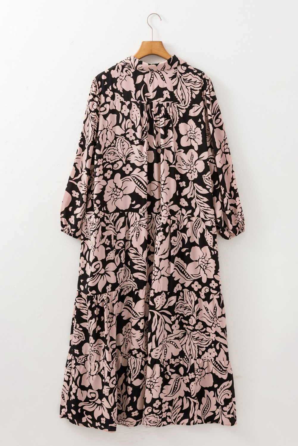 Plus Size Black  Floral Printed Puff Sleeve Collared Maxi Dress