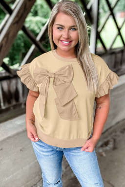 Plus Size Parchment Ruffled Short Sleeve Bowknot Applique Crew Neck  Top